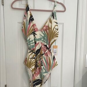 Kona Sol Tropical Leaf Print One Piece Swimsuit
